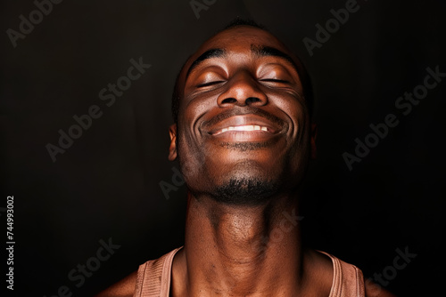 A man with his eyes closed and a smile trying to hold back laughter on a black background