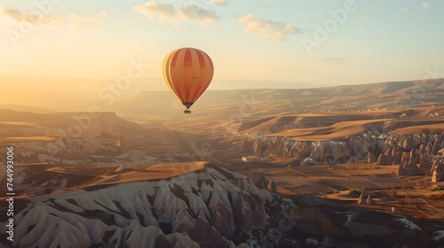 Serene hot air balloon flight over breathtaking landscapes at sunrise. peaceful, tranquil adventure in the sky. perfect for travel and tourism. AI