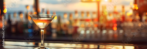 Martini cocktail on bar counter  sunset light