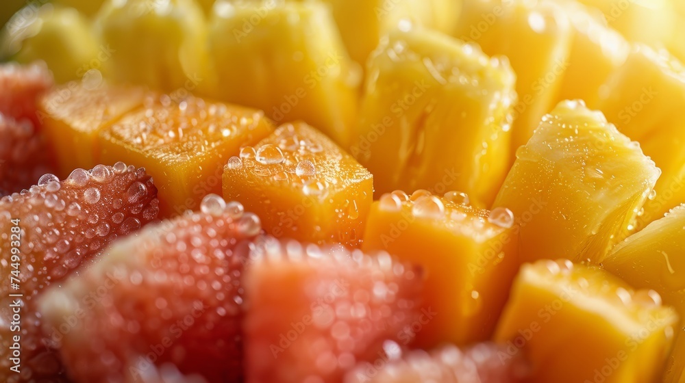 Artistic close-up of mixed tropical fruits, elegantly arranged mango, papaya, and pineapple slices Artistic close-up of mixed tropical fruits, elegantly arranged mango, papaya, and pineapple slices