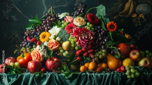 Artfully arranged fruits and vegetables close-up  a feast of colors on a dark  elegant background