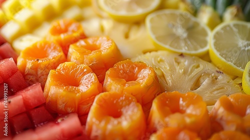 Artistic close-up of mixed tropical fruits, elegantly arranged mango, papaya, and pineapple slices