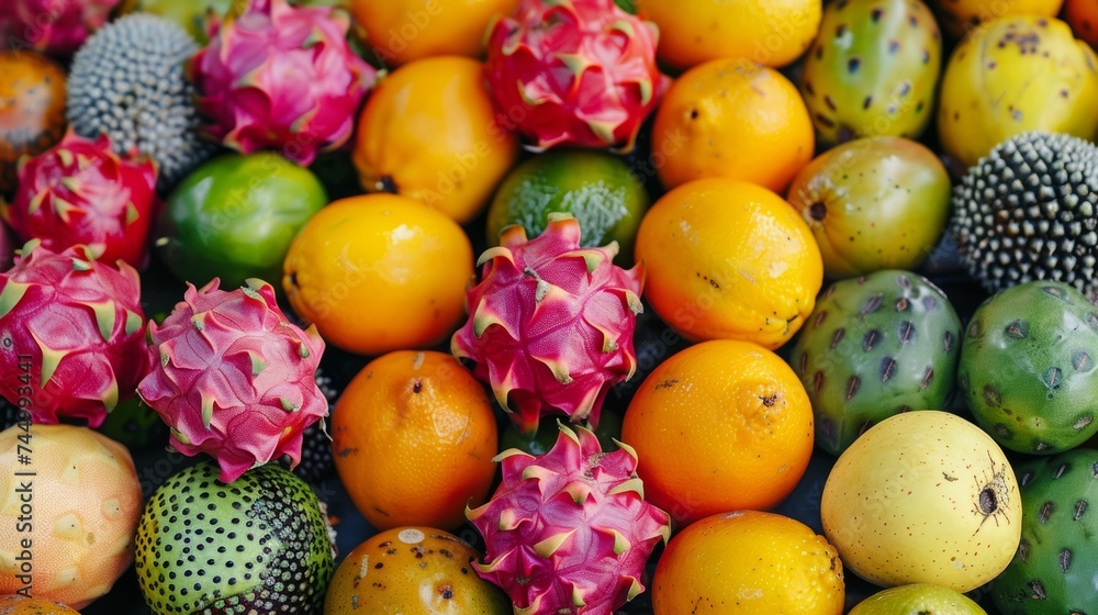 Close-up of exotic fruits assortment, dragon fruit, passion fruit, and star fruit, vibrant freshness Close-up of exotic fruits assortment, dragon fruit, passion fruit, and star fruit, vibrant freshness
