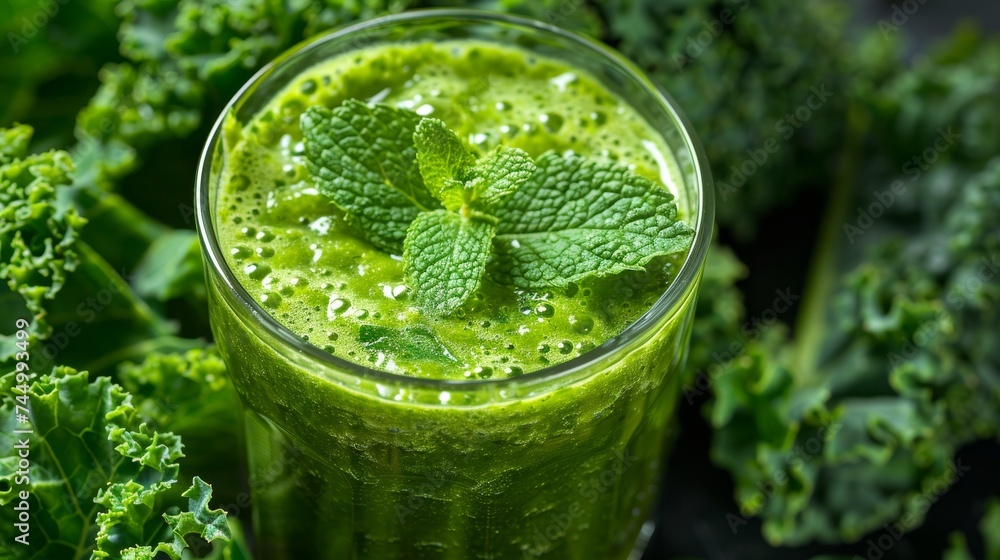 Close-up of green smoothie ingredients, kale, spinach, and mint leaves, vibrant health in every leaf Close-up of green smoothie ingredients, kale, spinach, and mint leaves, vibrant health in every leaf
