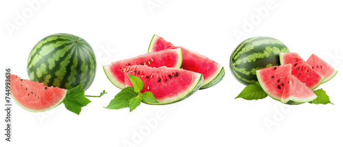 watermelon slices and leaves on transparent background