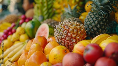 Close-up on a vibrant bounty of tropical fruits, showcasing the rich colors and juicy freshness of each piece