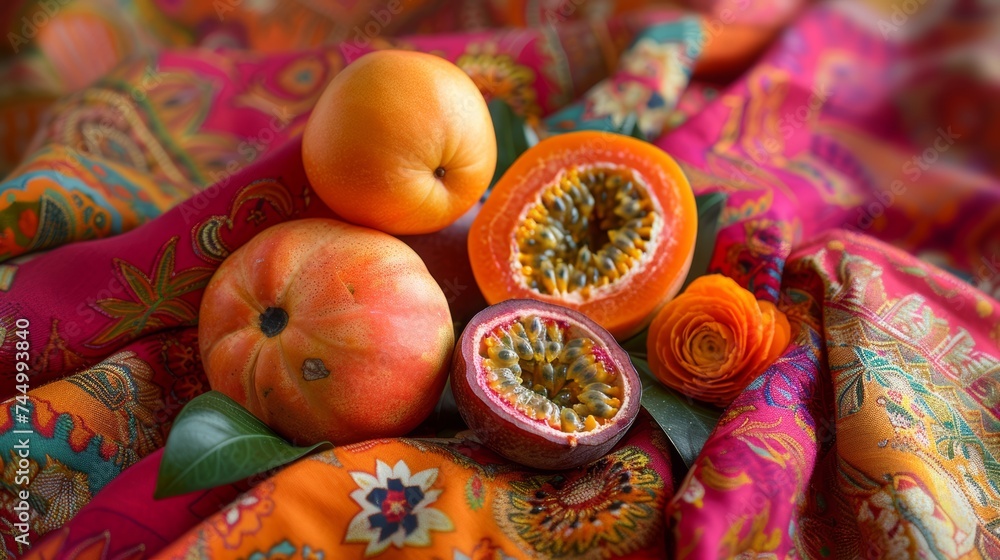 Fresh exotic fruits on a vibrant textile, close-up of tamarind, persimmon, and passion fruit, artistic composition Fresh exotic fruits on a vibrant textile, close-up of tamarind, persimmon, and passion fruit, artistic composition