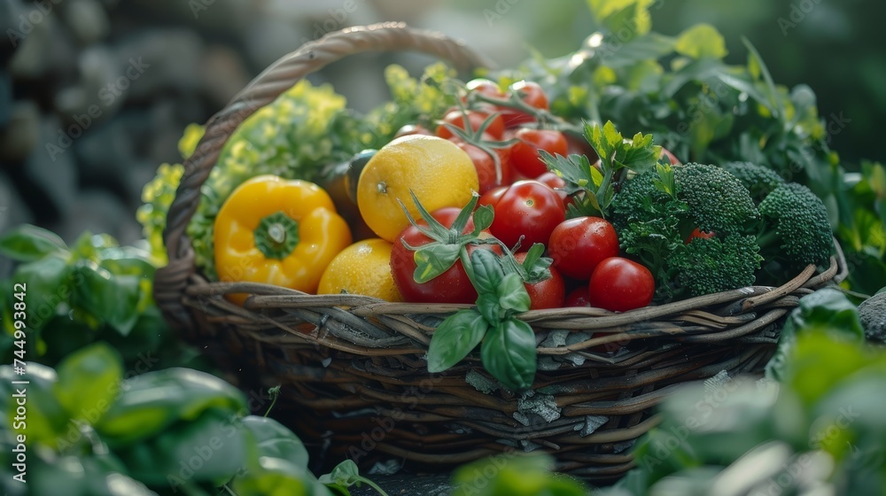 Fresh market bounty close-up, a variety of fruits and vegetables in a rustic basket, sunlit and inviting Fresh market bounty close-up, a variety of fruits and vegetables in a rustic basket, sunlit and inviting