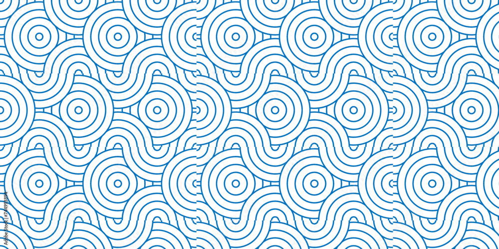 Fototapeta premium Minimal diamond geometric waves spiral pattern and abstract circle wave line. blue seamless tile stripe geomatics overlapping create retro square line backdrop pattern background. Overlapping Pattern.