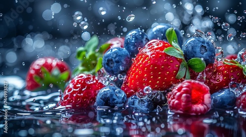 Fresh berries in a splash of water, dynamic close-up, strawberries, blueberries, and raspberries airborne  photo