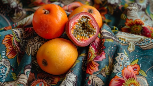 Fresh exotic fruits on a vibrant textile, close-up of tamarind, persimmon, and passion fruit, artistic composition photo