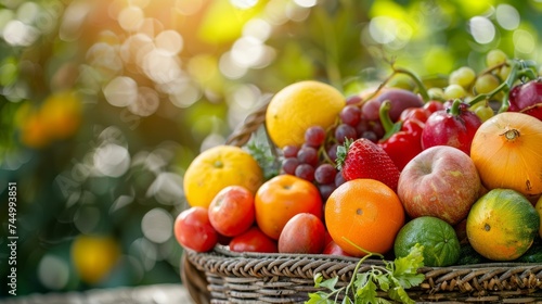 Fresh market bounty close-up, a variety of fruits and vegetables in a rustic basket, sunlit and inviting 