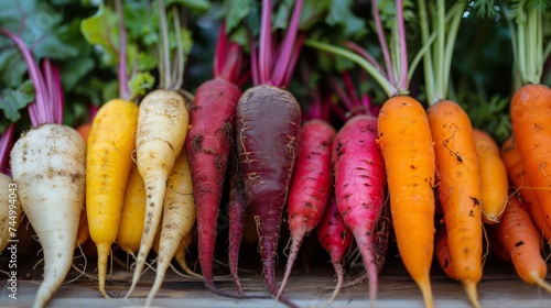 Heirloom root vegetables close-up, showcasing the variety and beauty of carrots, beets, and yams 