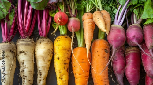 Heirloom root vegetables close-up, showcasing the variety and beauty of carrots, beets, and yams 