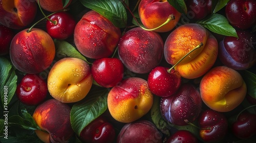 Heirloom stone fruits close-up, variety of peaches, plums, and cherries, rich in color and texture