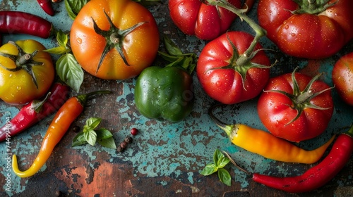 Heirloom tomatoes and fiery hot peppers close-up, a contrast of shapes and colors, on a vintage surface