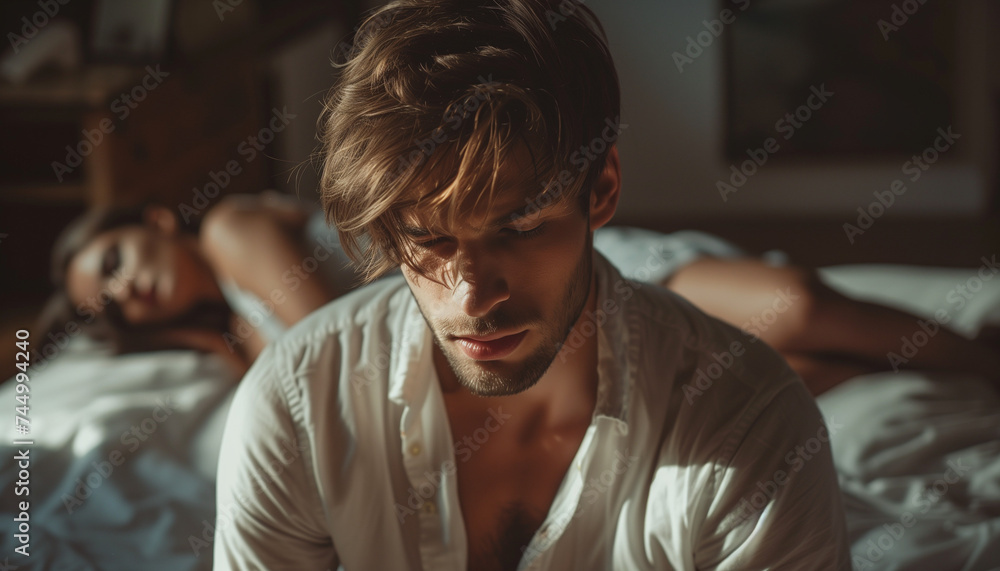 portrait of a man sitting on the edge of the bed depressed and sad portrait of a man sitting on the edge of the bed depressed and sad