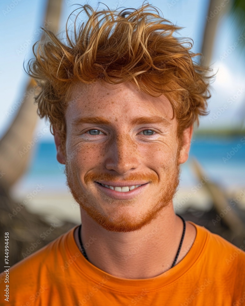 red-haired man in orange clothes resting on tropic beach red-haired man in orange clothes resting on tropic beach