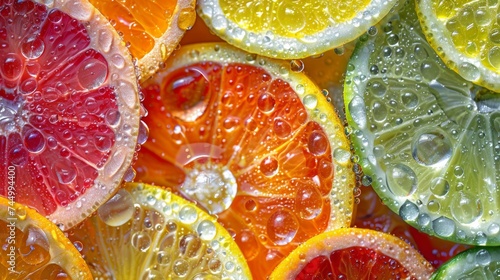Macro shot of citrus fruits, glistening with water droplets, vivid colors, and textures in sharp detail  photo