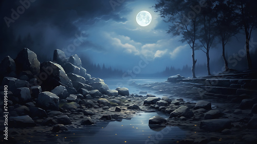 Show a scene of stones under the moonlight, creating a mystical ambiance. #744994490