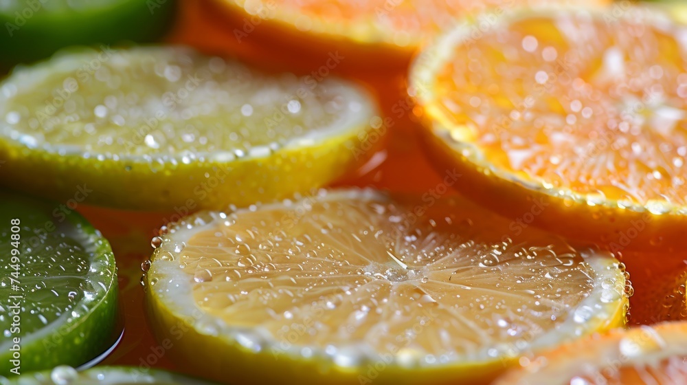 Vibrant citrus medley close-up, dew-kissed oranges, lemons, limes, sunlit, freshness embodied Vibrant citrus medley close-up, dew-kissed oranges, lemons, limes, sunlit, freshness embodied