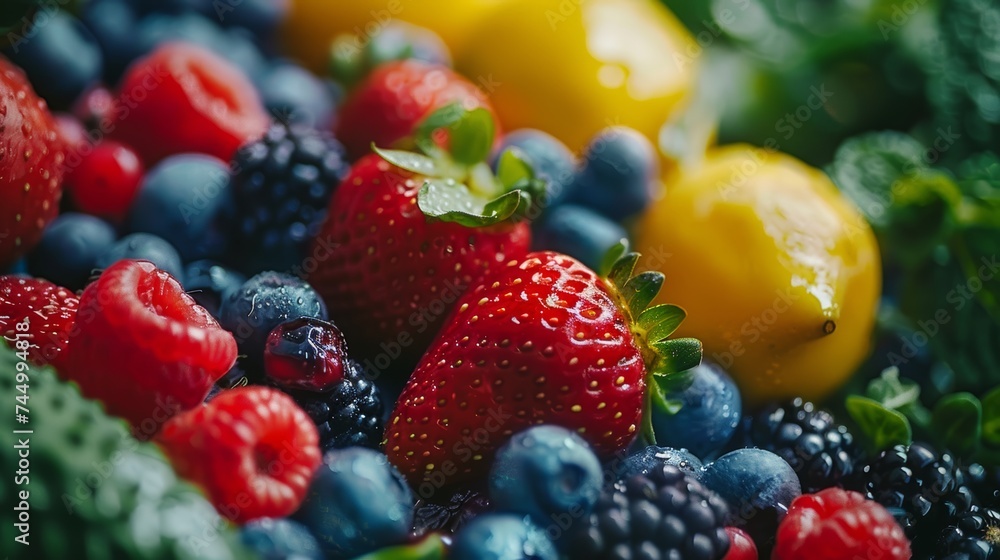 Vibrant close-up of a healthy mix of fruits and vegetables, emphasizing the variety of natures palette Vibrant close-up of a healthy mix of fruits and vegetables, emphasizing the variety of natures palette