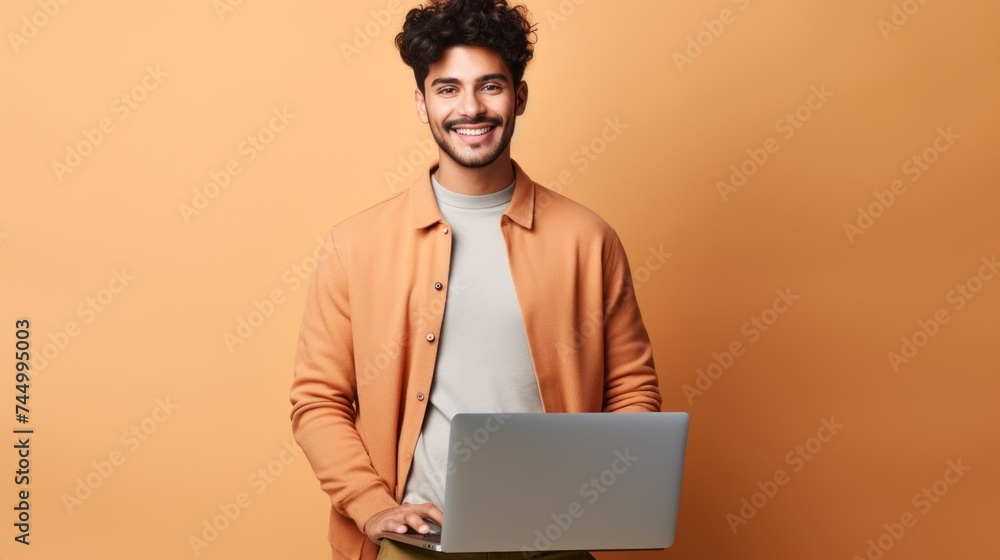 A happy smiling Young stylish successful freelance designer in casual orange clothes uses a laptop and looks at the camera on a peach background with copy space. Modern Technologies, Professions. A happy smiling Young stylish successful freelance designer in casual orange clothes uses a laptop and looks at the camera on a peach background with copy space. Modern Technologies, Professions.