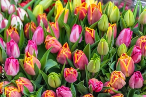 Colourful fresh tulips on sale in flower market, amsterdam, netherlands, europe. generrative ai
