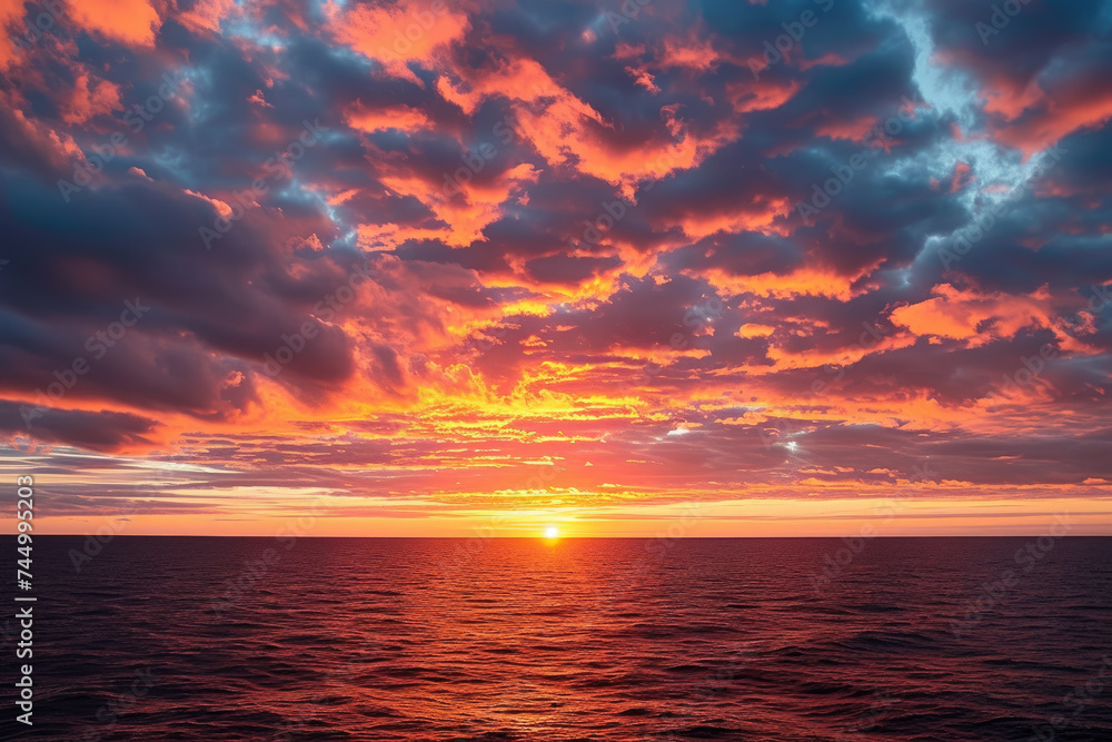 sunset over the ocean, with orange and pink clouds in the sky