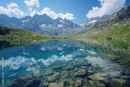 mountain lake with crystal-clear water and a reflection of the surrounding peaks.