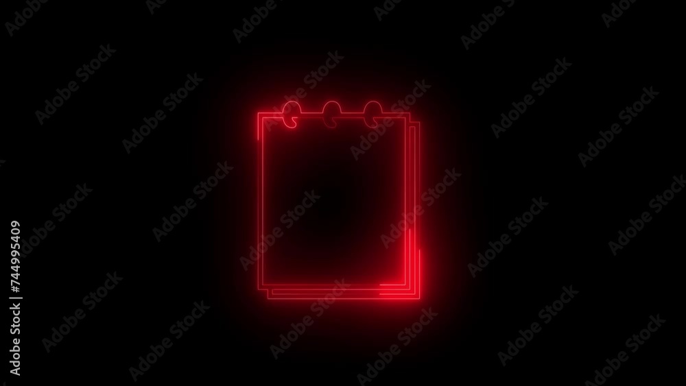 Neon glowing red notebook icon animation in black background Neon glowing red notebook icon animation in black background