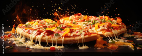 Hot pizza with melted cheese, fire and flying vegetables. generative ai