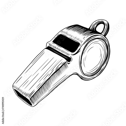 Vintage Sport whistle sketch isolated on white. Vector illustration of whistle for soccer or football referee in hand drawn style. Engraved icon for poster, print, book illustration, logo, tattoo.