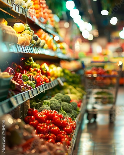 A vibrant grocery store aisle filled with fresh produce a cart in view under soft lighting © Virtual Art Studio