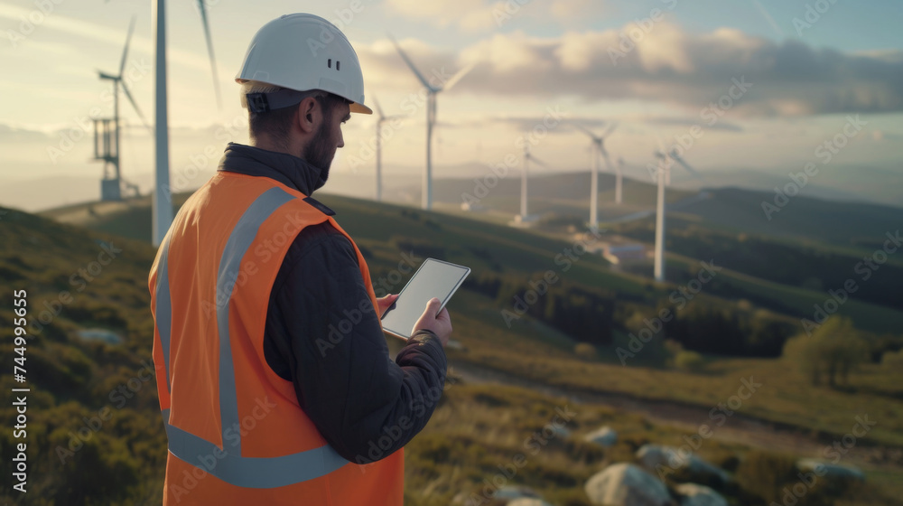 Man in Reflective Vest and Hardhat Conducts Thorough Inspection of Wind Turbines Using Tablet Man in Reflective Vest and Hardhat Conducts Thorough Inspection of Wind Turbines Using Tablet