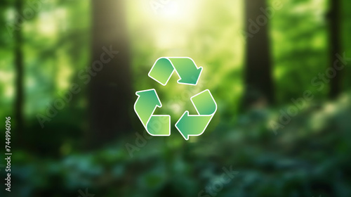 Green Recycle Symbol on Bokeh Blur Background. Saving the Earth, Earth Day, Environmental Sustainability Concept