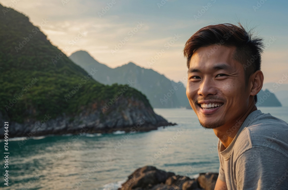 portrait of a asian man in the beach