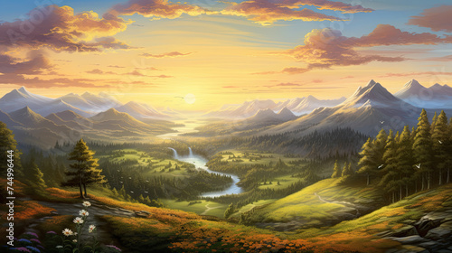 Mountains Valley Green Forest Sunset or Sunrise Evening Landscape Soft Light Background, Where the World Awakes to a New Day Filled