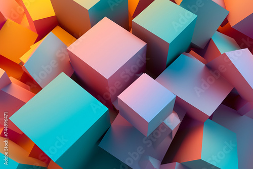 A 3D geometric abstraction with a gradient color scheme. The shapes are cubes and tetrahedrons photo