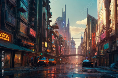 futuristic cityscape in the future watercolor