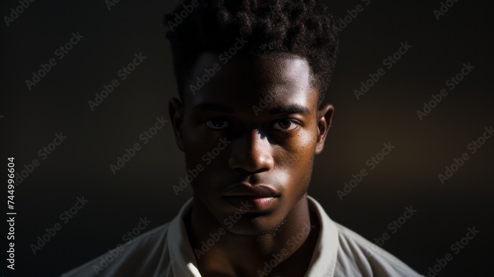 Close-up Studio Portrait of a young Handsome African American Man looking into the camera on a black background with shadows and light. Close-up Studio Portrait of a young Handsome African American Man looking into the camera on a black background with shadows and light.