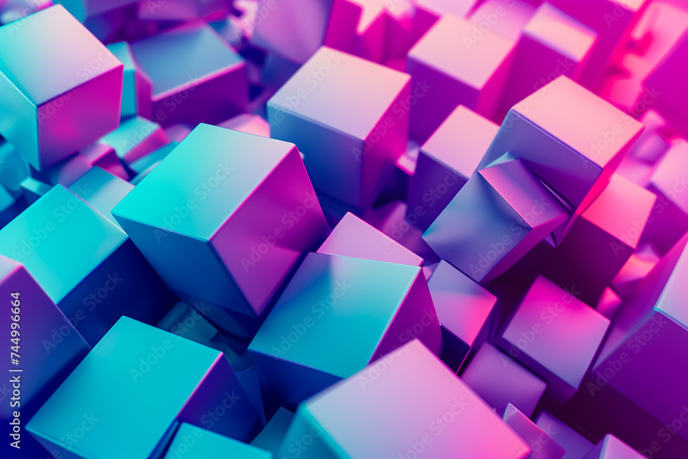 A 3D geometric abstraction with a gradient color scheme. The shapes are cubes and tetrahedrons A 3D geometric abstraction with a gradient color scheme. The shapes are cubes and tetrahedrons