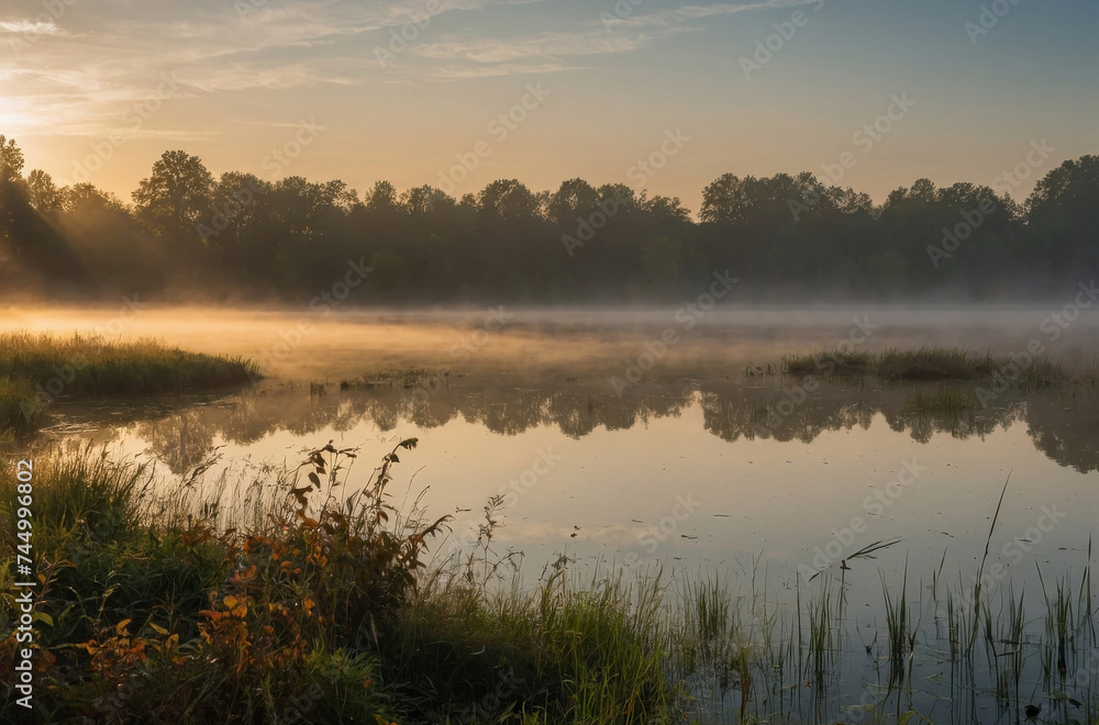 morning sunlight in the meadow and lake landscape