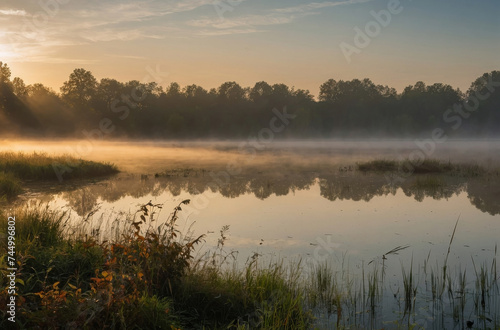 morning sunlight in the meadow and lake landscape