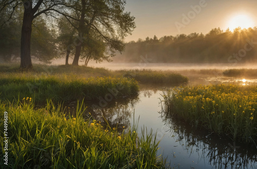 morning sunlight in the meadow and lake landscape