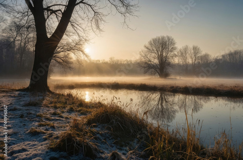 morning sunlight in the meadow and lake landscape