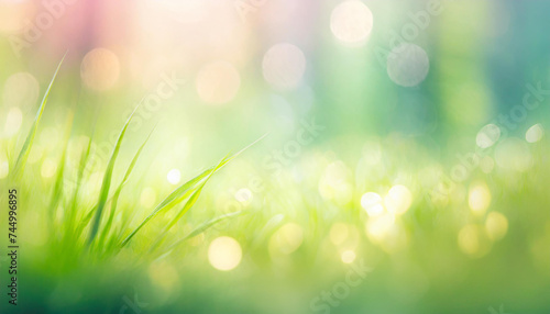Close-up of fresh green grass with dew on a blurred bokeh lights background