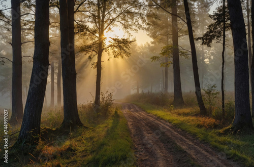 morning sunlight in the forest and dirt road landscape