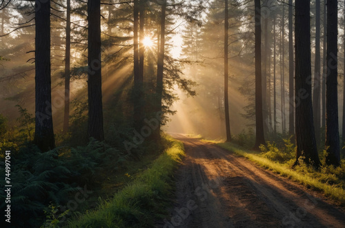 morning sunlight in the forest and dirt road landscape