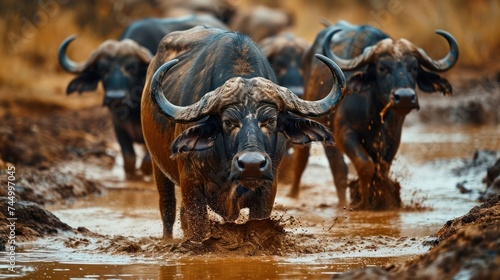 delightful image of buffaloes reveling in a mud pool, capturing their social dynamics and rugged beauty